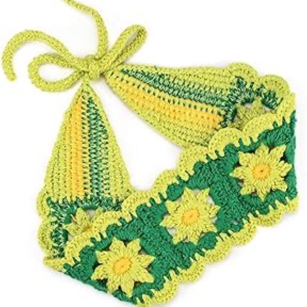 Hippie Crochet Hair Tie 70s Green Headband Granny Square Floral Woven Knit